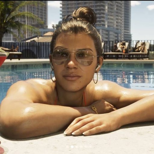Lucia poolside — aviator sunglasses, hoop earrings, tropical high-rise background
